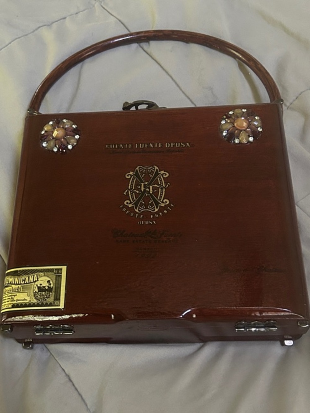 Vintage Wooden Cigar Box Handbag with Decorative Hardware